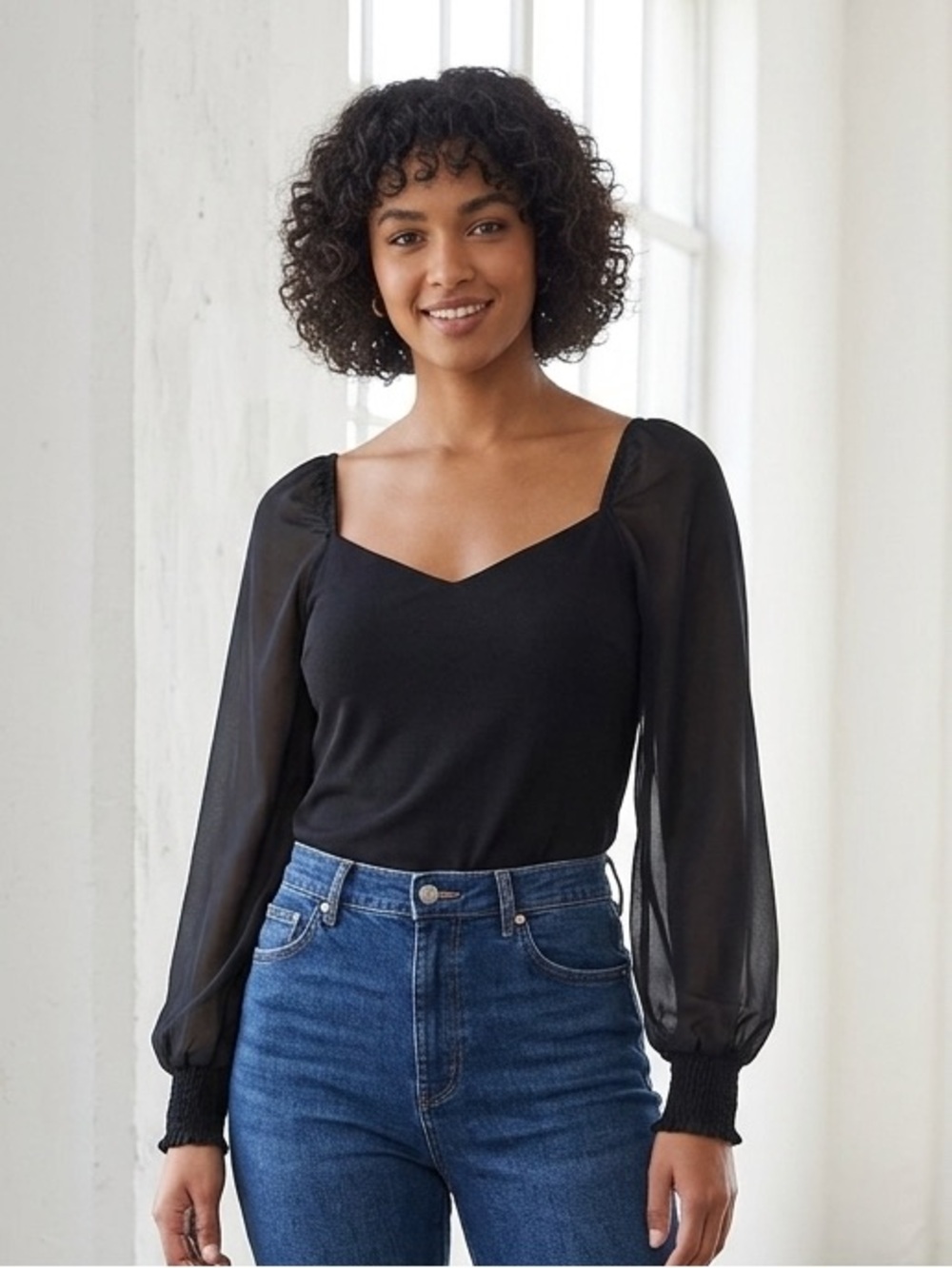 Reitmans Black Top with Sheer Long Sleeves
